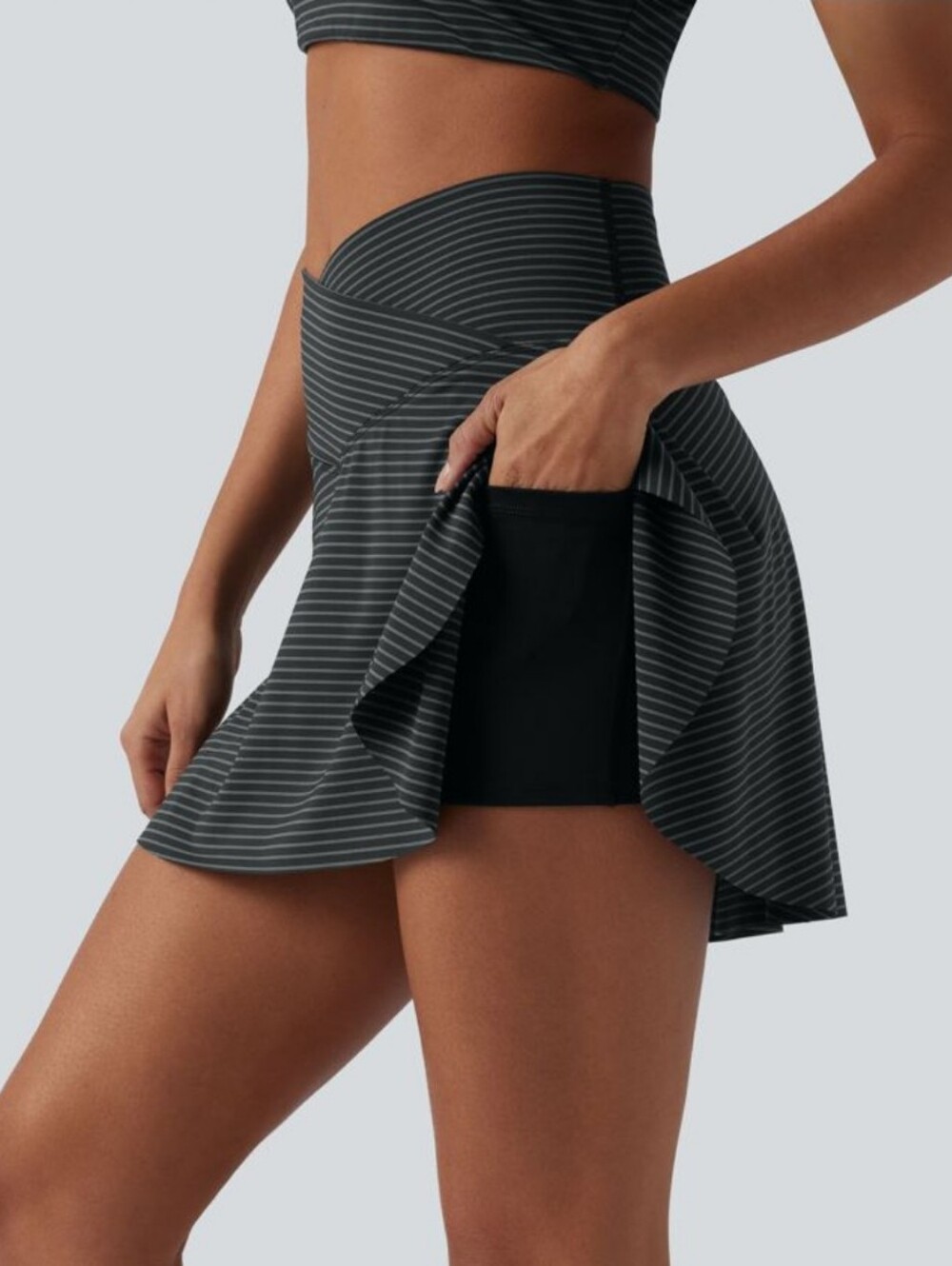 New! High Waist Crossover Striped Active Skort with Side Pockets - Black/Grey